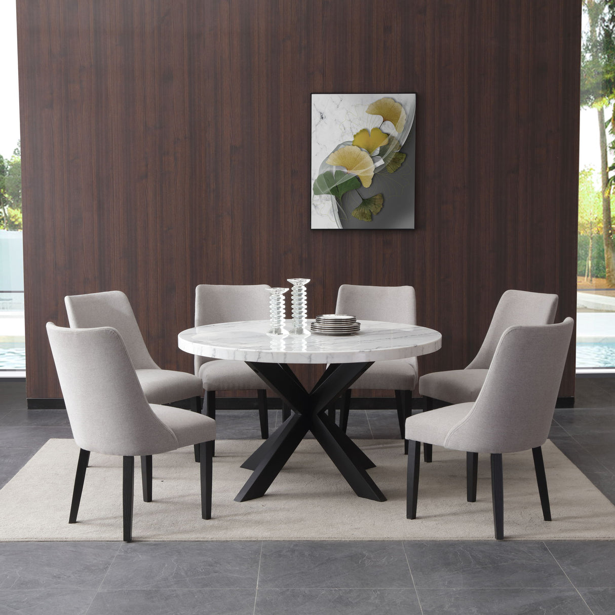 Xena - White Marble Top Round Table - Black
