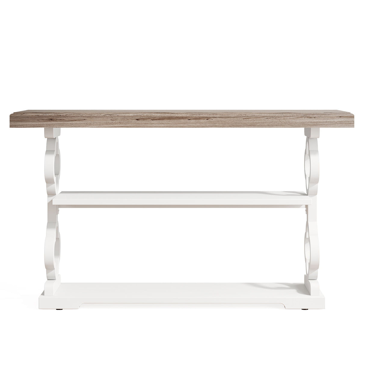 Console Sofa Table With 3 Shelves, Floral Carved Accent - Gray / White