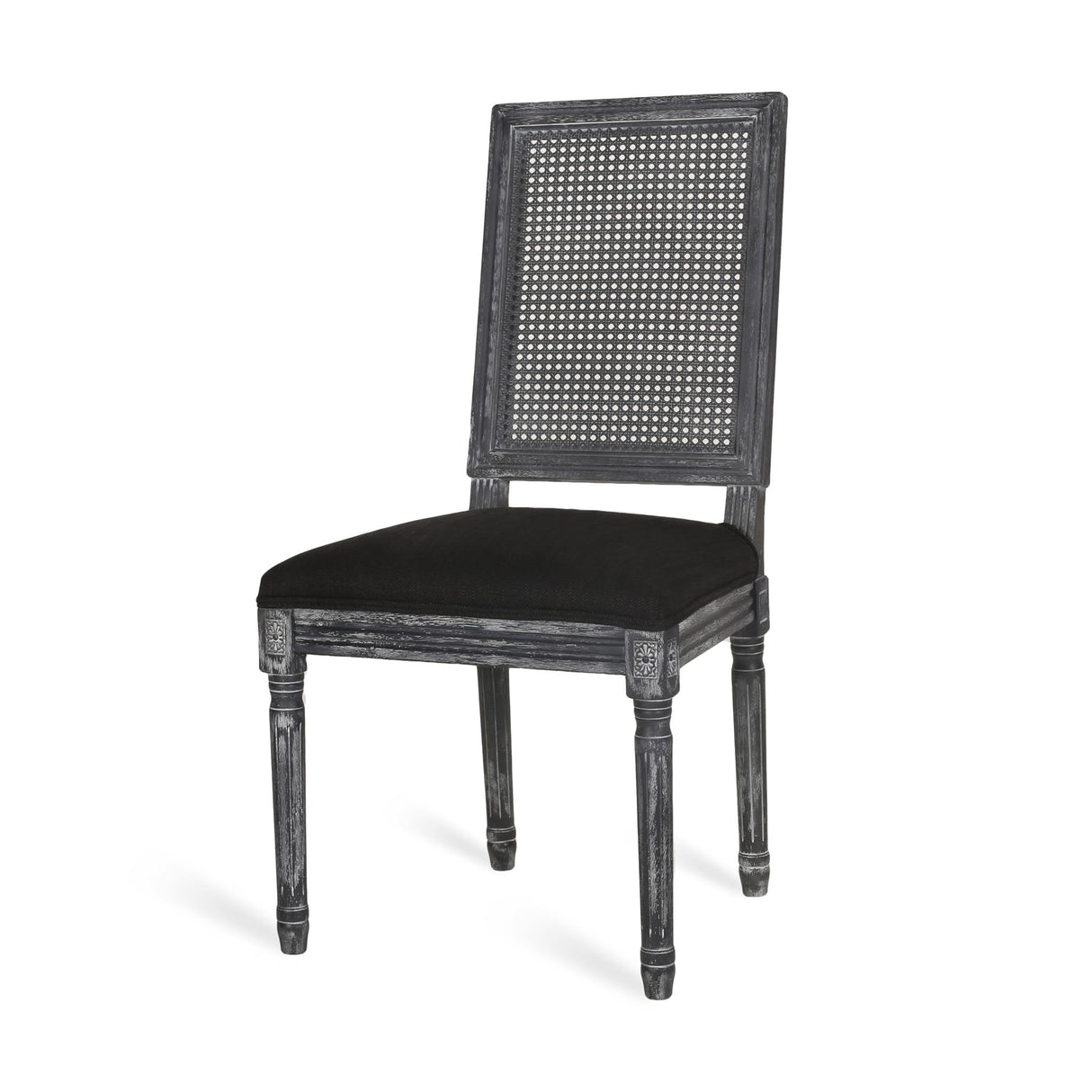 French Country Dining Chair With Rectangular Cane Backrest And Smooth Upholstered Seating