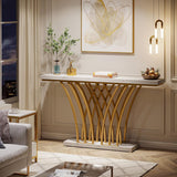 Console Table With Grid Base For Living Hallway - White / Gold
