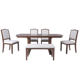 6 Piece Extendable Dining Table Set, Wood Table With Removable Leaf, 4 Upholstered Chairs And Bench - Cherry