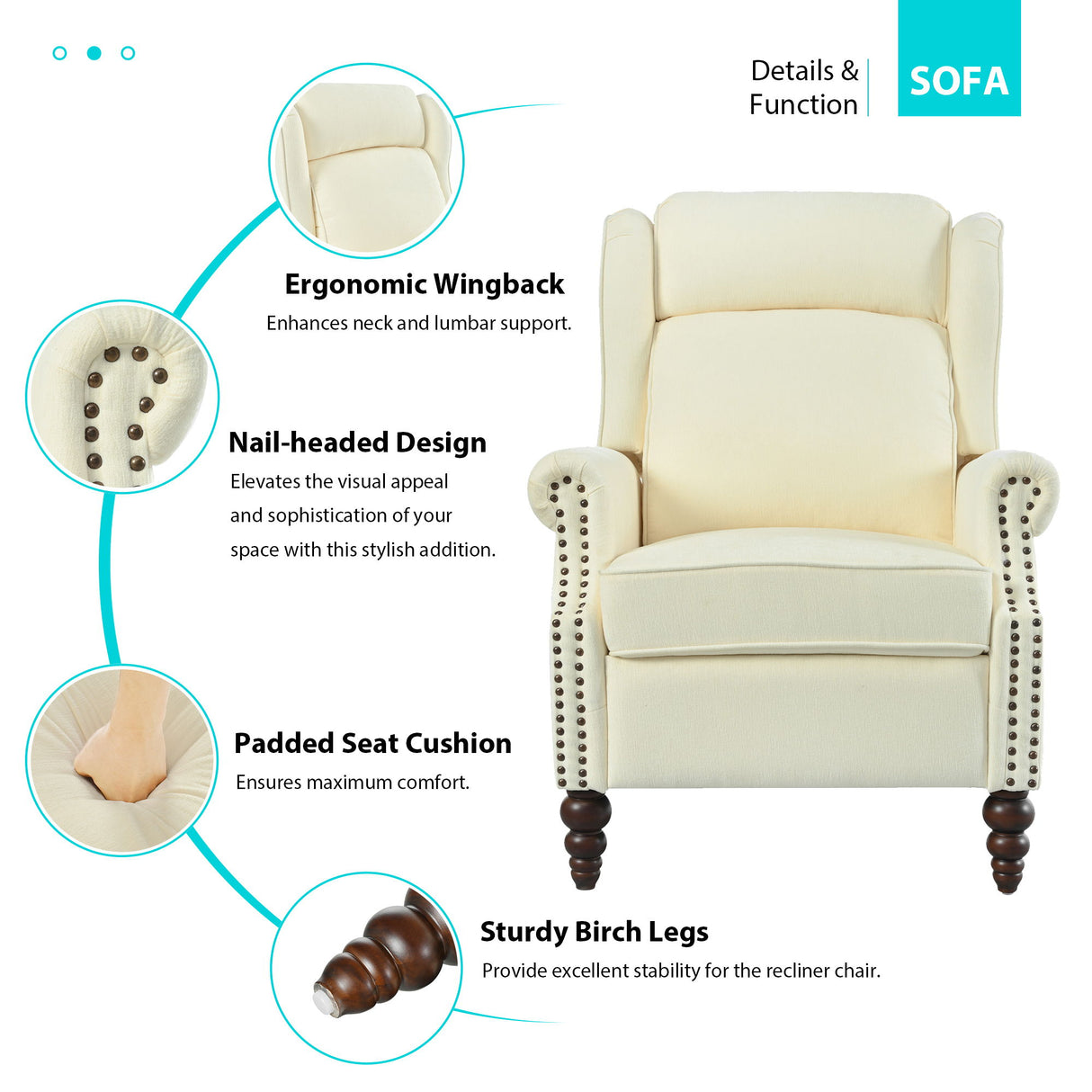 Push Back Recliner Chair Upholstered Recliner Armchair With Classic Wing Back And Solid Gourd-Shaped Legs