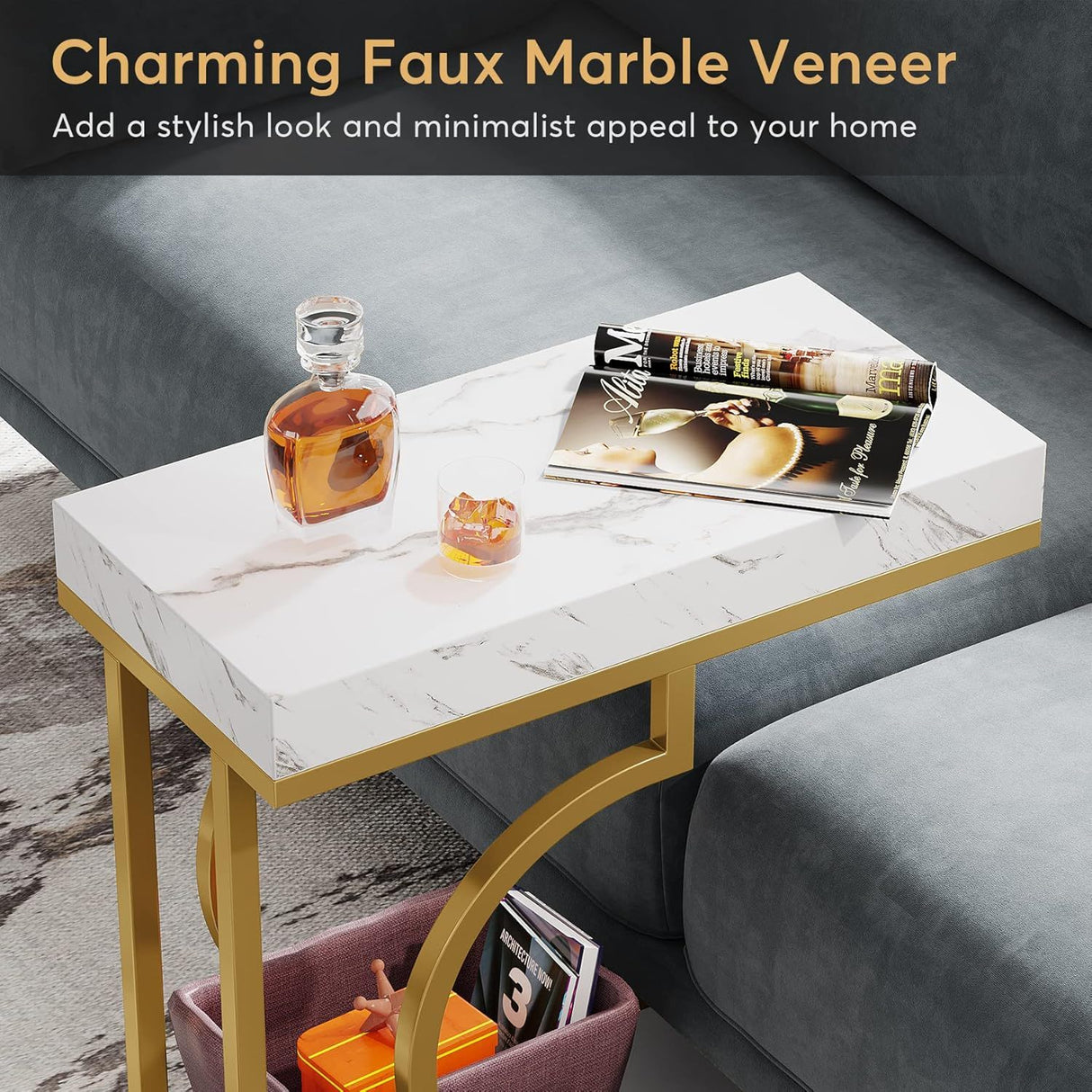 C-Shaped Sofa Side Table For Living Room - White / Gold