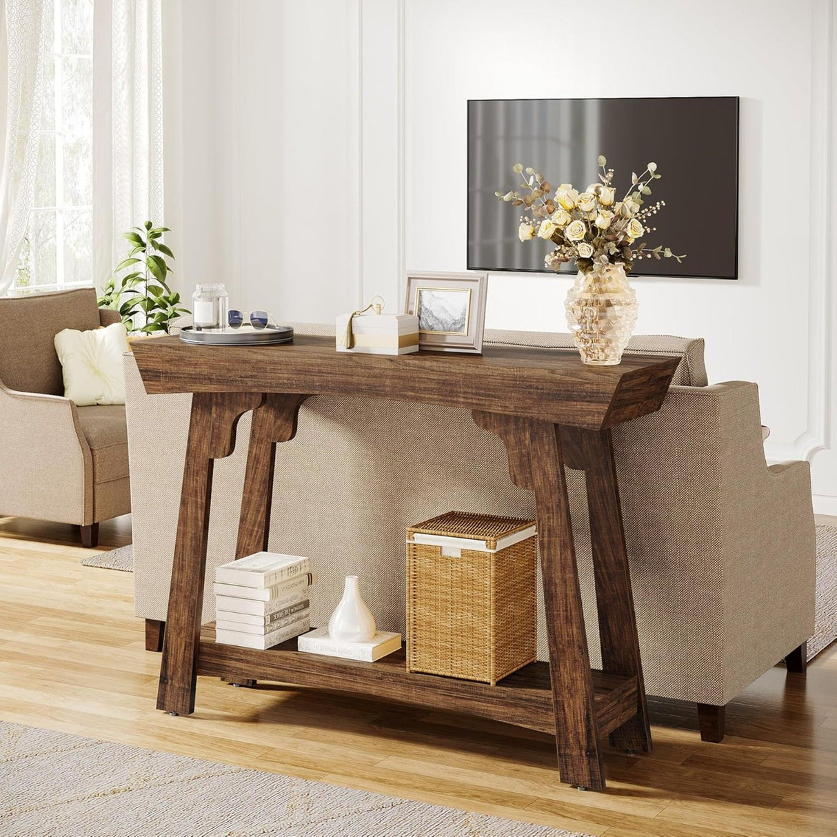 Console Table With 2 Tier Storage - Rustic Brown
