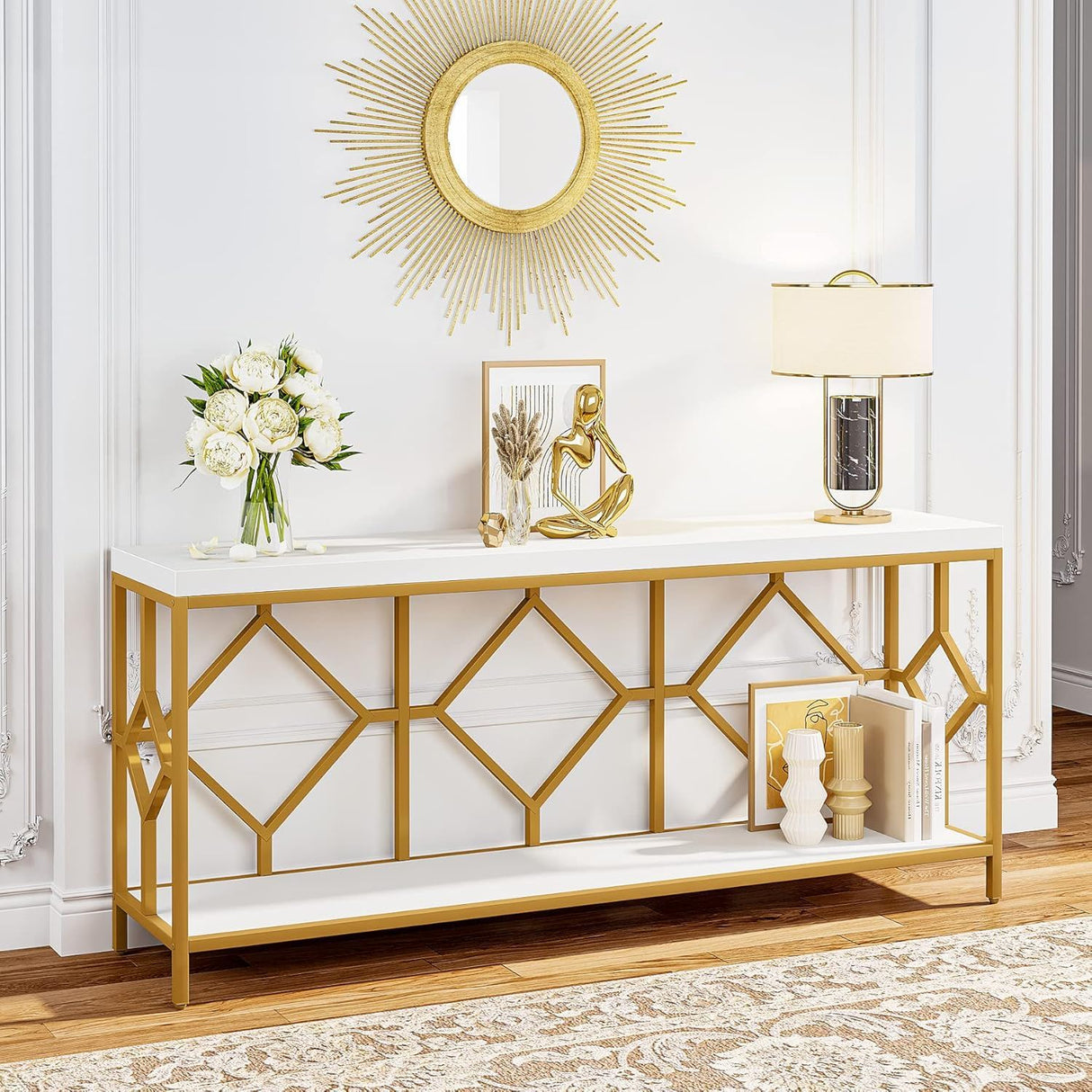 Extra Long Sofa Table With Diamond Pattern Frame, 2 Tier Open Storage For Living Room - White / Gold