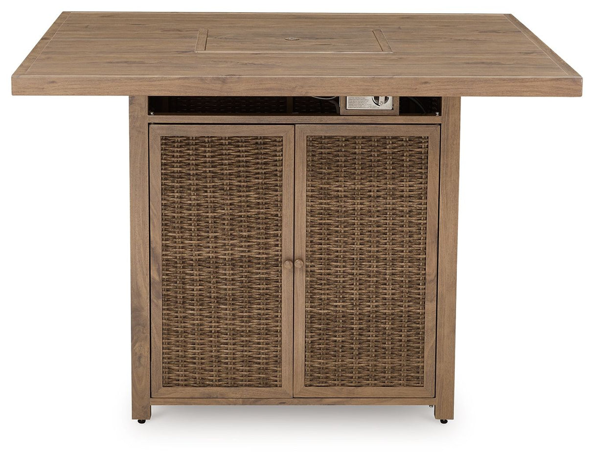 Walton Bridge - 5 Pc. - Square Bar Table W/Fire Pit, 4 Barstools - Driftwood
