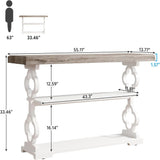 Console Sofa Table With 3 Shelves, Floral Carved Accent - Gray / White