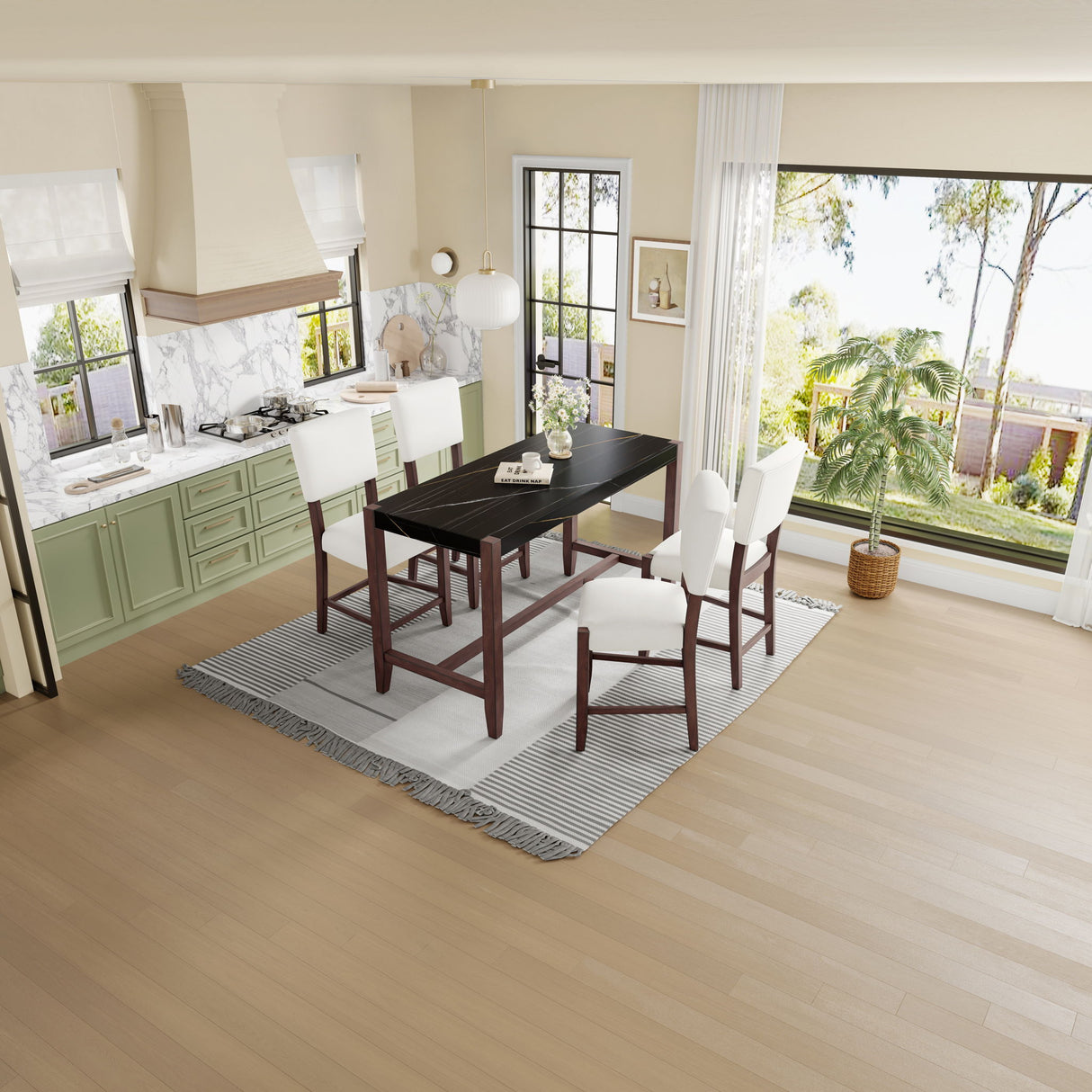 5 Piece Counter Height Dining Set, Bar Table With 4 Upholstered Chairs