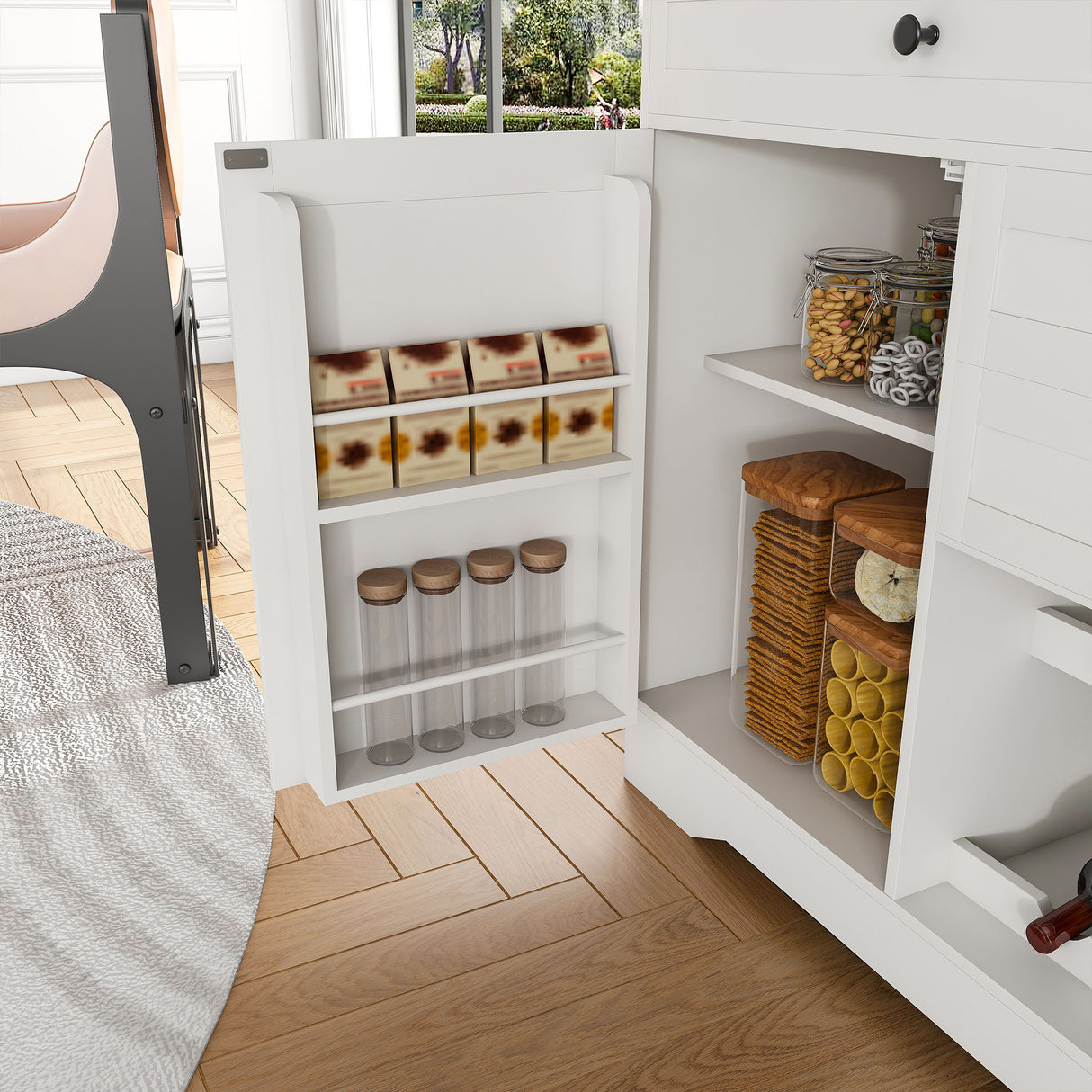 Rustic Farmhouse Kitchen Island With Storage Cabinet, Wood Top Breakfast Bar - White