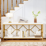 Extra Long Sofa Table With Diamond Pattern Frame, 2 Tier Open Storage For Living Room - White / Gold