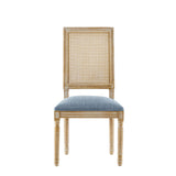 French Country Dining Chair With Rectangular Cane Backrest And Smooth Upholstered Seating