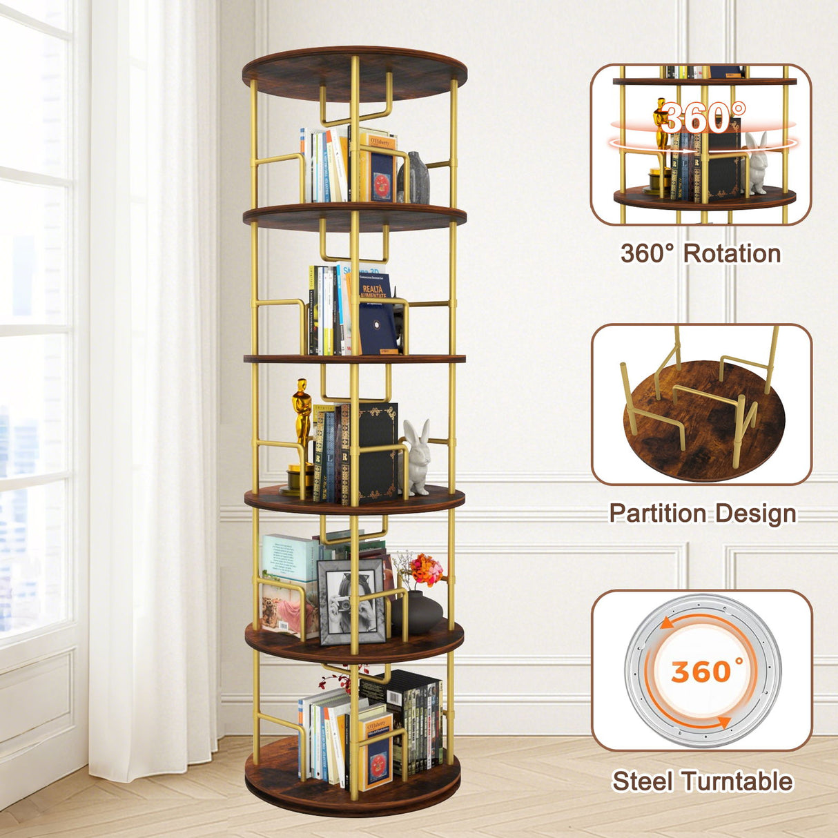5 Tier 360 Rotating Bookshelf, Display Round Floor Standing Swivel Bookcase For Bedroom - Golden