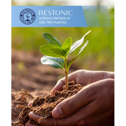 Seedling planted in soil beneath a Restonic One Tree Planted banner